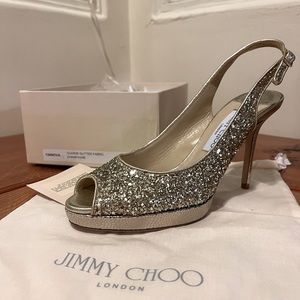 New Jimmy Choo NOVA gold slingback sparkly heels coarse glitter champagne